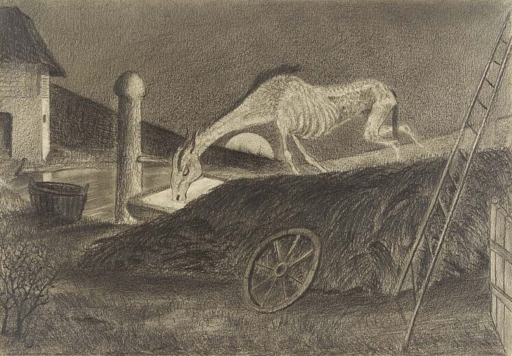 Anton Machek (1886 – 1944), "Die Genesung". Mähre am Wassertrog, um 1925, Bleistift, Farbstift auf Papier, Inv.-Nr. 1287-2022, Salzburg Museum (Dauerleihgabe Salzburger Museumsverein) © Kunsthandel Widder, Wien,)