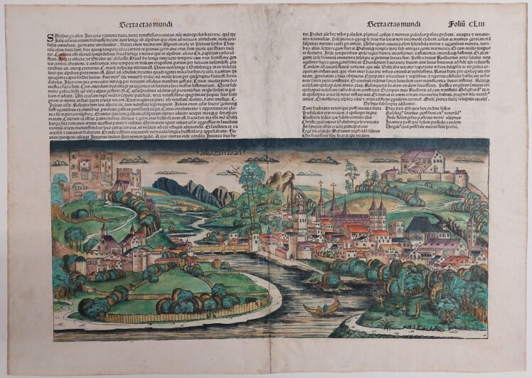 Michael Wolgemut (1434 - 1519), Salzburg: Ansicht aus der Schedelschen Weltchronik, 1493, Holzschnitt, koloriert, Inv.-Nr. 1326-2022 © Salzburg Museum (Dauerleihgabe Salzburger Museumsverein)