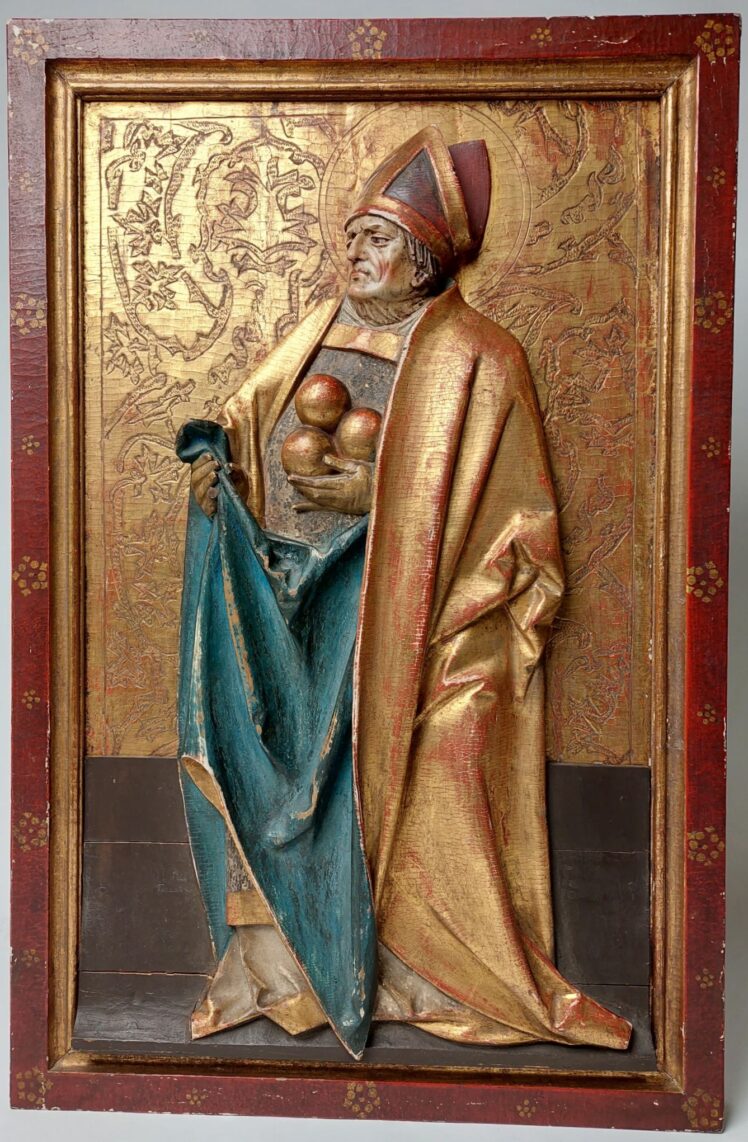 Künstler*in unbekannt, Heiliger Nikolaus, 15. J.h., Holz, farbig gefasst und vergoldet: parkettiert, Inv.-Nr1317-2022 © Salzburg Museum (Dauerleihgabe Salzburger Museumsverein)