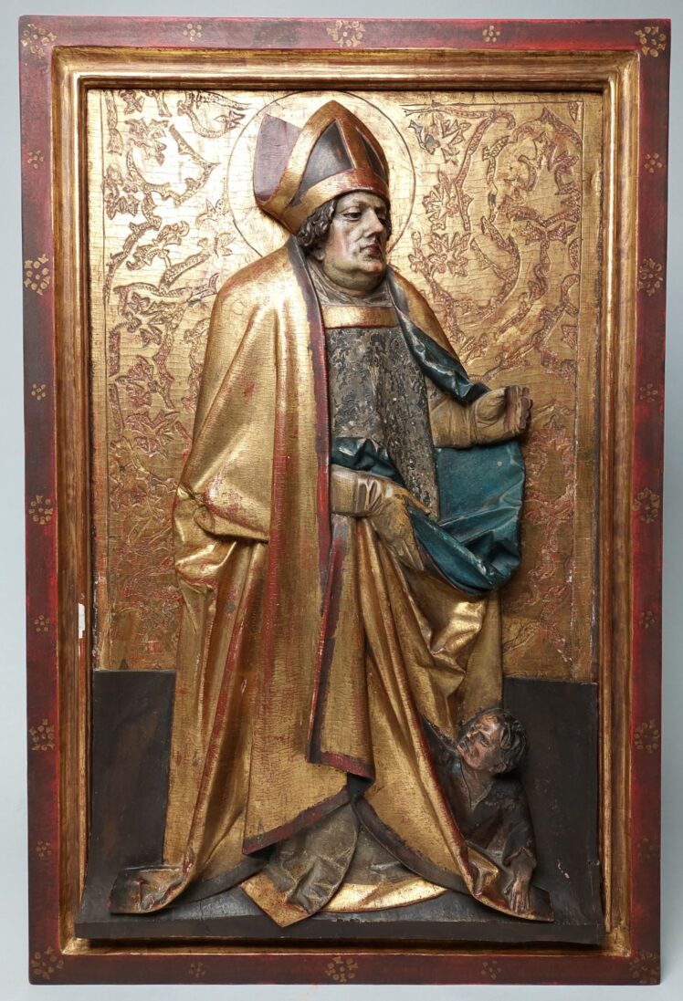 Künstler*in unbekannt, Heiliger Bischof, 15. Jh., Holz, farbig gefasst und vergoldet: parkettiert, Inv.-Nr. 1318-2022 © Salzburg Museum (Dauerleihgabe Salzburger Museumsverein)