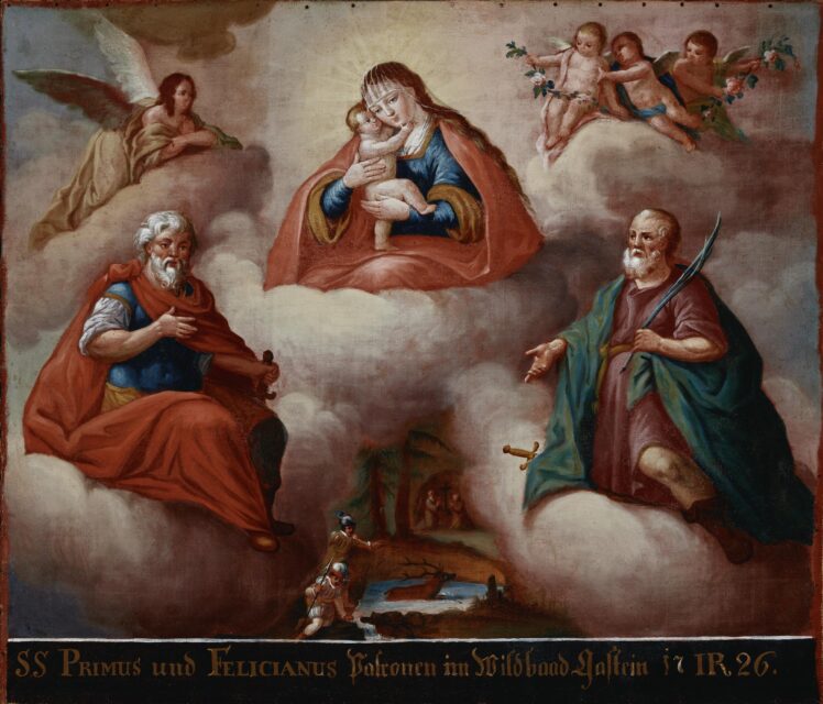 Künstler*in unbekannt, Die heilige Maria (Gnadenbild Mariahilf) zwischen den Heiligen Primus und Felicianus, 1726, Öl auf Leinwand, Inv.-Nr. 1265-49 © Salzburg Museum (Ankauf 1917)