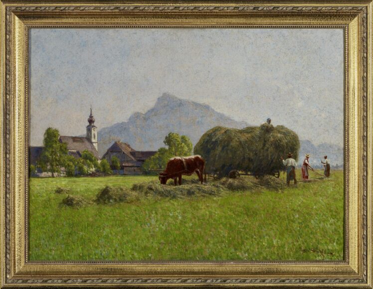 Stefan Simony (1860 – 1950), um 1930, Motiv aus Salzburg mit Blick auf den Untersberg (Kirche von Morzg), Öl auf Leinwand, Inv.-Nr. 1067-2024 © Salzburg Museum (Dauerleihgabe Salzburger Museumsverein)