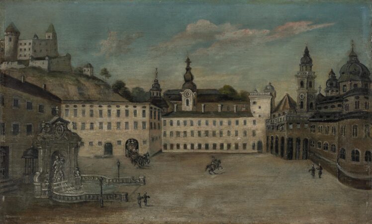 Carl Schneeweis (1745 – 1826), Der Kapitelplatz mit Pferdeschwemme in Salzburg ,Ende 18. / Anfang 19. Jh., Öl auf Holz, Inv.-Nr. 1238-2024 © Salzburg Museum (Dauerleihgabe Salzburger Museumsverein)