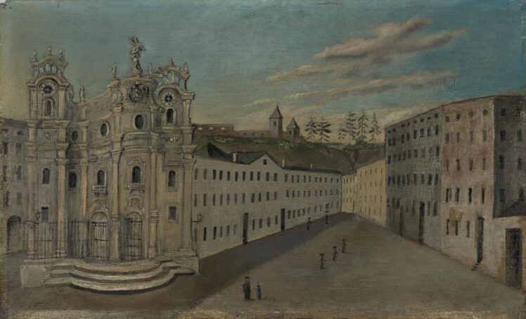 Carl Schneeweis (1745 – 1826), Der Universitätsplatz mit der Kollegienkirche in Salzburg ,Ende 18. / Anfang 19. Jh., Öl auf Holz, Inv.-Nr. 1239-2024 © Salzburg Museum (Dauerleihgabe Salzburger Museumsverein)