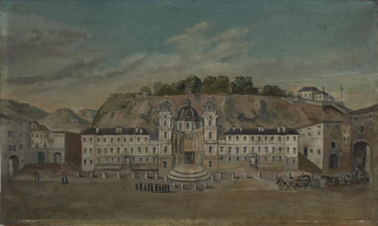 Carl Schneeweis (1745 – 1826), Der Makartplatz (Hannibalplatz) mit der Dreifaltigkeitskirche in Salzburg ,Ende 18. / Anfang 19. Jh., Öl auf Holz, Inv.-Nr. 1240-2024 © Salzburg Museum (Dauerleihgabe Salzburger Museumsverein)