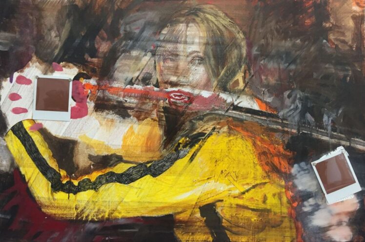 Stefan Heizinger (*1975), Reset statt Revenge (an:kill_bill_i.jpg), 2024/2010, 60 x 90 x 2 cm, Acryl auf Leinwand, zwei Polaroids mit Magneten auf Leinwand, Inv.-Nr. 1064-2025 (Ankauf über Galerienförderung des Bundes 2025 aus Mitteln des Bundeskanzleramtes, Sektion Kunst und Kultur)