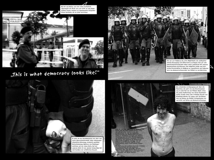 Oliver Ressler (*1970), aus der Serie: „This is what democracy looks like!“, 2001–2002, 47,6 x 63,6 cm, Foto auf Aluminium kaschiert; Bild-/Textmontagen, Inv.-Nr. 1067-2025 (Ankauf über Galerienförderung des Bundes 2025 aus Mitteln des Bundeskanzleramtes, Sektion Kunst und Kultur)