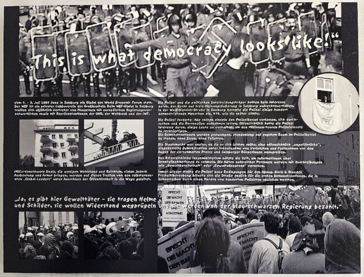 Oliver Ressler (*1970), aus der Serie: „This is what democracy looks like!“, 2001–2002, 21,6 x 28,6 cm, Foto auf Aluminium kaschiert; Bild-/Textmontagen, Inv.-Nr. 1071-2025 (Ankauf über Galerienförderung des Bundes 2025 aus Mitteln des Bundeskanzleramtes, Sektion Kunst und Kultur)