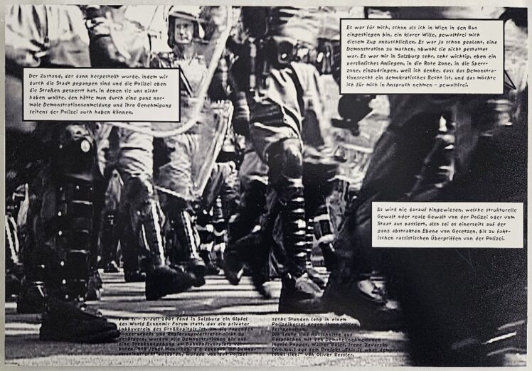 Oliver Ressler (*1970), aus der Serie: „This is what democracy looks like!“, 2001–2002, 21,8 x 31,5 cm, Foto auf AluminiumOliver Ressler (*1970), aus der Serie: „This is what democracy looks like!“, 2001–2002, 21,8 x 31,5 cm, Foto auf Aluminium kaschiert; Bild-/Textmontagen, Inv.-Nr. 1072-2025 (Ankauf über Galerienförderung des Bundes 2025 aus Mitteln des Bundeskanzleramtes, Sektion Kunst und Kultur) kaschiert; Bild-/Textmontagen, Inv.-Nr. 1072-2025