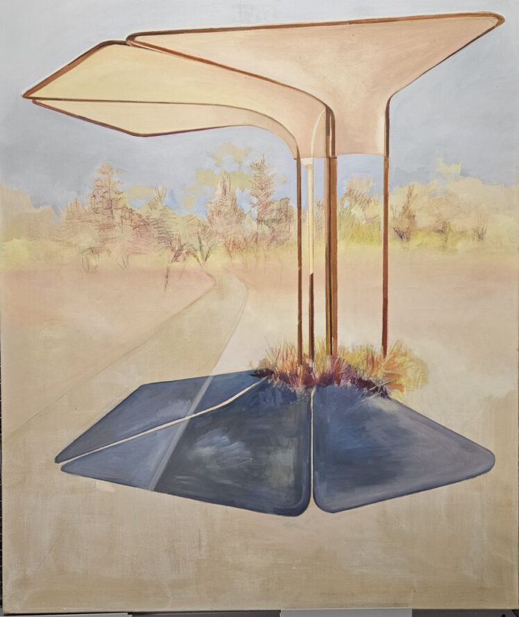 Monika Huber (*1969), Kioskdach WM´78#5, 2021, 140 x 170 cm, Öl auf Leinwand, Inv.-Nr. 1073-2025 (Ankauf über Galerienförderung des Bundes 2025 aus Mitteln des Bundeskanzleramtes, Sektion Kunst und Kultur)