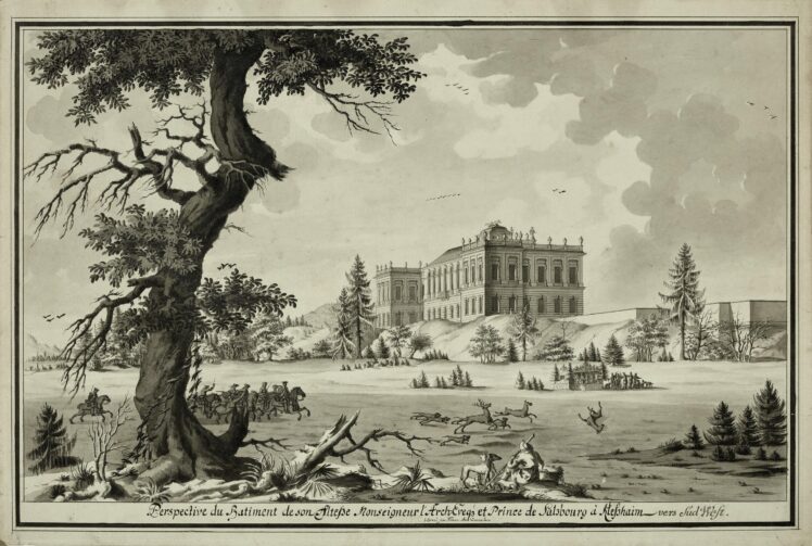 Franz Anton Danreiter (1695–1760), Ansicht von Schloss Klessheim gegen Südwesten (Rückseite), Tusche auf Papier, aquarelliert, Inv.-Nr. 1192-2024 © Salzburg Museum (Dauerleihgabe Salzburger Museumsverein),