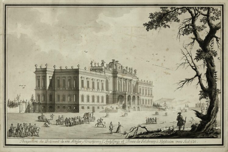 Franz Anton Danreiter (1695–1760), Ansicht Schloss Klessheim gegen Südosten, um 1740, Tusche auf Papier, aquarelliert, Inv.-Nr. 1193-2024 © Salzburg Museum (Dauerleihgabe Salzburger Museumsverein),