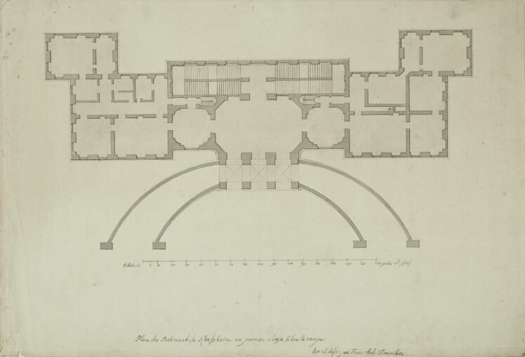 Franz Anton Danreiter (1695–1760), Grundriss von Schloss Klessheim mit der Auffahrt, um 1730, Tusche auf Papier, laviert, Inv.-Nr. 1194-2024 © Salzburg Museum (Dauerleihgabe Salzburger Museumsverein)