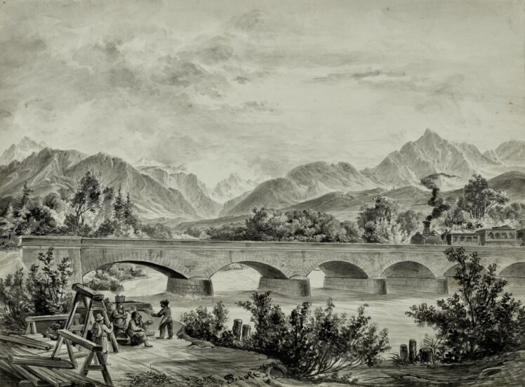 Georg Pezolt (1810 – 1878), Eisenbahnbrücke an der Saale (Saalach), 1860, Tusche auf Papier, laviert, Inv-Nr. 1195-2024 © Salzburg Museum (Dauerleihgabe Salzburger Museumsverein)