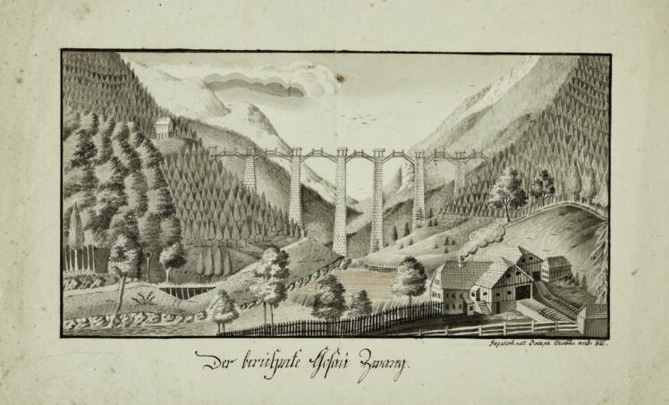 Künstler*in unbekannt, Die Soleleitung nach Ebensee über den Gosauzwang, 1826, Tusche auf Papier, laviert, Inv.-Nr. 1196-2024 © Salzburg Museum (Dauerleihgabe Salzburger Museumsverein)