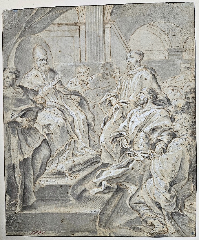 Carlo Maratta (Maratti) (1625–1713), Der heilige Bernhard stellt das Schisma zwischen Papst Innozenz II. und Gegenpapst Viktor IV. dar. Entwurf für ein Altarblatt in Santa Croce in Gerusalemme in Rom/Italien, 1660–1670, Federzeichnung, laviert, Weißhöhung auf grauem Papier, Inv.-Nr. RO 1167 © Salzburg Museum (Sammlung Rossacher, Dauerleihgabe Salzburger Museumsverein)