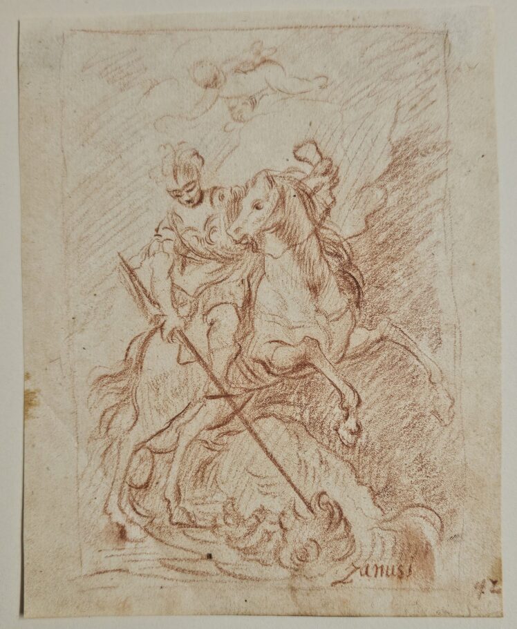 Jakob Zanusi (1679–1742), Der heilige Georg tötet den Drachen (Entwurf für ein Altarbild in der Pfarrkirche Laufen an der Salzach), 1725–1730, Rötelzeichnung auf Papier, Inv.-Nr. RO 1169 © Salzburg Museum (Sammlung Rossacher, Dauerleihgabe Salzburger Museumsverein)