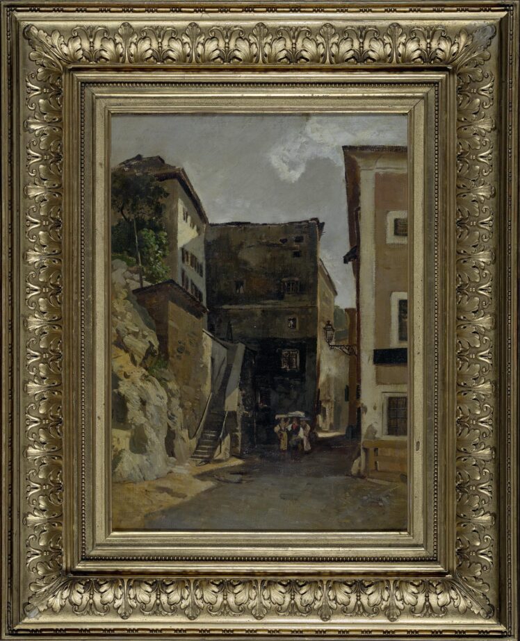 Rudolf Ribarz (1848–1904), Ölskizze zu Steingasse in Salzburg mit Versehgang-Prozession, 1870, Öl auf Leinwand, Inv.-Nr. 1028-2025 © Salzburg Museum (Dauerleihgabe Salzburger Museumsverein)