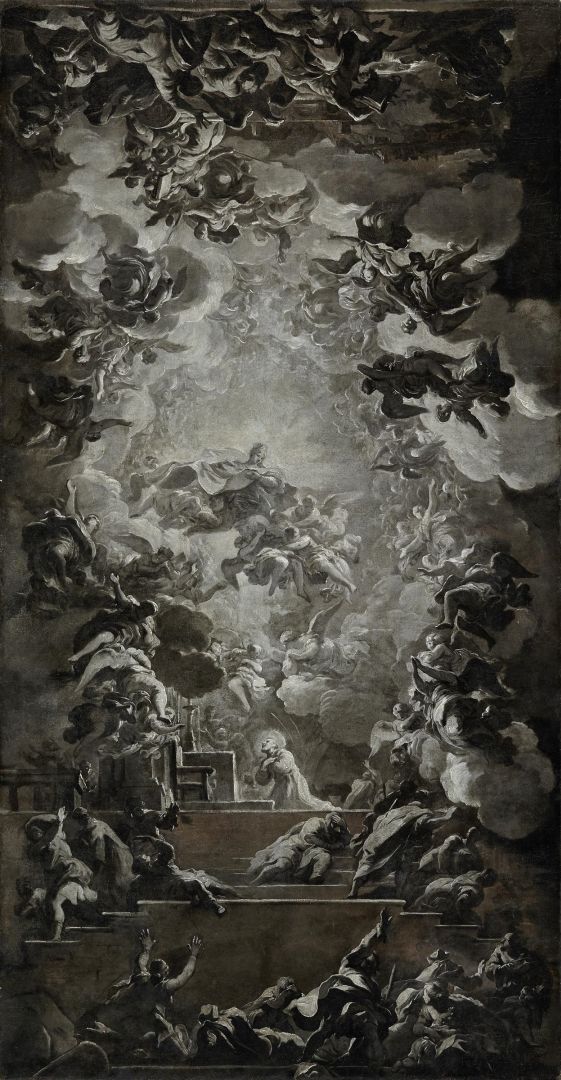 Luca Giordano (1634–1705), Vision des hl. Ildefonso von Toledo, Entwurf in Grisaille für das Deckenfresko in der Sakristei der Kathedrale von Toledo. Er wurde leicht verändert zwischen 1695 und 1698 ausgeführt., Vor 1695, Öl auf Leinwand, graubraune Grisaille, Inv.-Nr. RO 0346 © Salzburg Museum (Sammlung Rossacher)