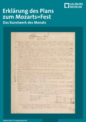 Titelblatt „Erklärung des Plans zum Mozarts=Fest“ des Salzburg Museum mit einer historischen handschriftlichen Dokumentseite.