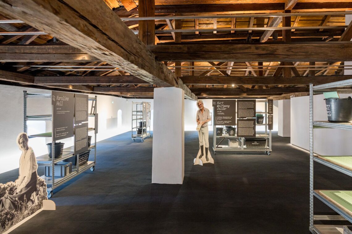 Ausstellungsansicht „Coole Kelten! Coole Forschung!“ im Kurt Zeller Forum mit historischen Holzbalken, mobilen Metallregalen, Informationstafeln und lebensgroßen Figurenaufstellern von Forschenden.